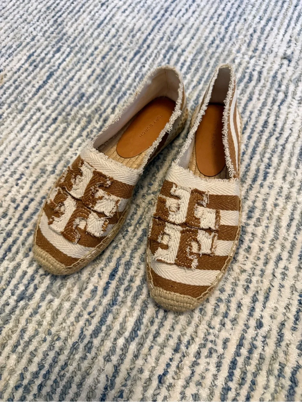 Tory Burch Striped Espadrille Flats in Cream and Brown